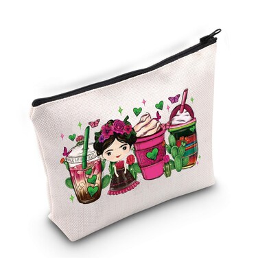 BLUPARK Mexico Coffee Cups Cosmetic Makeup Bag Cinco De Mayo Gift Mexican Makeup Bag Mexico Girl Gift Mexican Themed Zipper Pouch Bag (Canvas, Cactus Coffee)