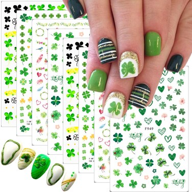 8Pcs St. Patrick's Day Nail Art Stickers 3D Green Four-leaf Clover Nail Decals Luck Leaf of Irish Self Adhesive Design Spring Summer Nail Supplies Shamrock Nail Sticker for St Patrick's Day Nail Decor