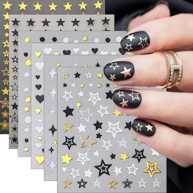 Star Nail Stickers for Nail Art 3D Cute Round Heart Stars Charms Design Starlight Nail Art Stickers Shiny Gold Silver White Black Pegatinas U&ntilde;as Nail Art Supplies Heart Nail Decals for Women DIY 6Pcs