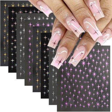 8Sheets Glitter Star Nail Stickers Colorful Star Nail Decals Shiny Starlight Nail Art Design Decoration 3D Self-Adhesive Laser Gold Silver Y2K Star Charms Nail Supplies for Women DIY French Manicure