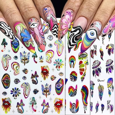 6 Sheets Eyes Nail Art Stickers 3D Holographic Self-Adhesive Mushroom Dreamcatcher Nail Stickers with Rainbow Lines Lip Design Nail Decals Unique Iridescent Aurora Laser Acrylic Nails Decoration