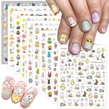 10Sheets Easter Nail Art Stickers Decals Cartoon Bunny Nail Stickers Easter Theme Colorful Eggs Carrot Chick Duck Nail Design Cute Animal Nail Decals White Rabbit Nail Supplies for Women DIY Manicure