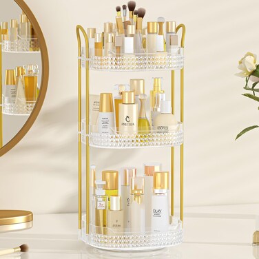 Rotating Makeup Organizer for Vanity 3 Tier, Perfume Organizer with Makeup Brush Holder, Large Capacity Cosmetics Clear Skincare Organizer for Countertop (Transparent)