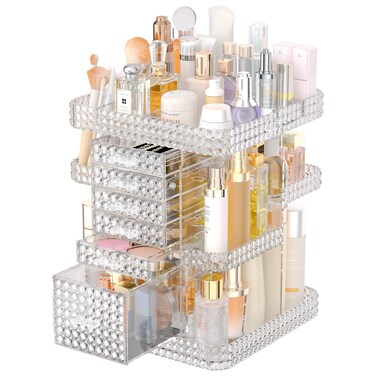 360 Rotating Makeup Organizer for Vanity, Large Skin Care Organizer with 6 Drawers Clear Acrylic Cosmetic Organizer Adjustable Spinning Makeup Storage Perfume Organizer for Dresser (Clear)