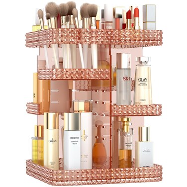 Rotating Makeup Organizer, Large Capacity Cosmetic Display Case, Acrylic Skincare Organizer with Makeup Brush, Makeup Storage Organizer for Dresser Countertop and Bathroom Vanity - Pink