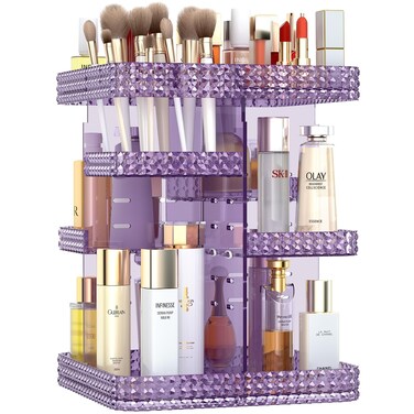 Rotating Makeup Organizer, Large Capacity Cosmetic Display Case, Acrylic Skincare Organizer with Makeup Brush, Makeup Storage Organizer for Dresser Countertop and Bathroom Vanity - Purple
