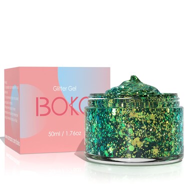 Boko 1.76oz Body Glitter Gel, Green St Patrick's Day Chameleon Emerald Liquid Chunky Glitter Lotion Mermaid Sequins for Face Hair Body Makeup, Coachella St Patrick's Day Mardi Gras Rave Accessories