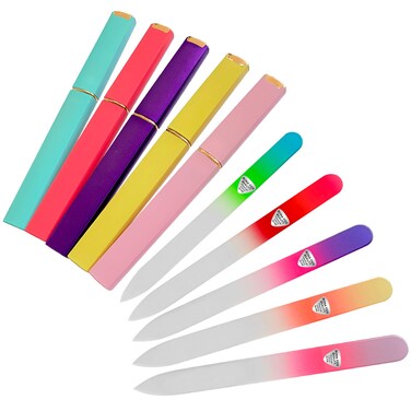 Bona Fide Beauty Czech Glass Nail File Set with Hard Cases, 5 Pack Reusable Crystal Etched Fingernail Files