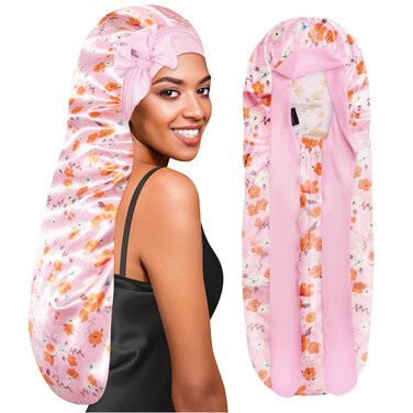 BONNET QUEEN Braid Bonnet Silk Bonnet for Braids Sleeping Satin Long Hair Bonnet for Women Locs with Tie Band Floral