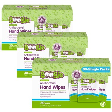 Boogie Antibacterial Hand Wipes, Alcohol Free, Hypoallergenic and Moisturizing Aloe, Hand Wipes for Kids and Adults, Single Packs, 30 Wipes (Pack of 3)