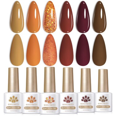 Born Pretty Fall Winter Gel Nail Polish Cozy Campfire Autumn Gel Polish Set Red Caramel Orange Brown Pumpkin Gel Nail Kit Nail Art Manicure Collection Christmas Gift 6PCS 7ML