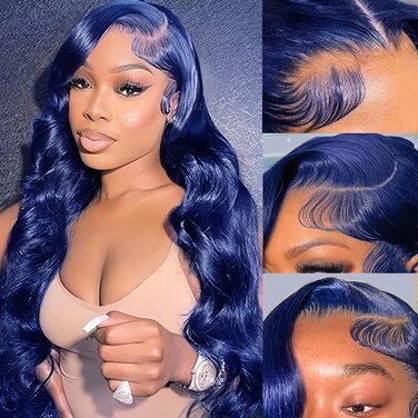28 Inch Blue Lace Front Wig Human Hair 180% Density Dark Blue Body Wave Wig Human Hair Pre Plucked 13x4 HD Transparent Lace Frontal Body Wave Glueless Navy Blue Wigs Human Hair for Black Women