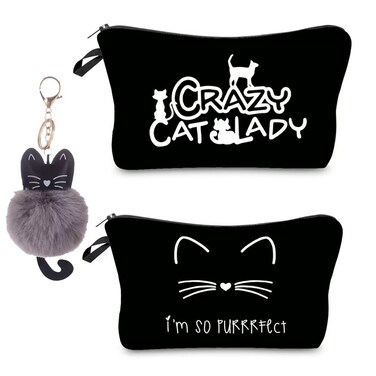 Black Cat Makeup Bags for Women with Keychain, Cute Cat Themed Decor Pencil Gifts for Cat Lovers, Small Cat Travel Cosmetic Bag with Zipper, Funny Kitty Birthday Gift