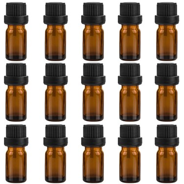 15Pcs 5ml Amber Glass Essential Oil Bottle with Orifice Reducer and Black Screw Cap,Empty Refillable Travel Sample Glass Container,Aromatherapy Storage Vials,DIY Supplies Tool Accessories