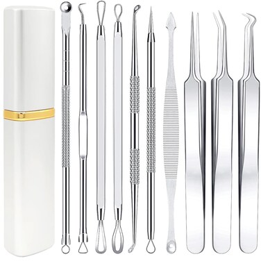 Pimple Popper Tool Kit - Boxoyx 10 Pcs Blackhead Remover Comedone Extractor Kit with Metal Case for Quick and Easy Removal of Pimples, Blackheads, Zit Removing, Forehead,Facial and Nose(All Silver)
