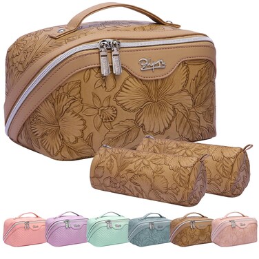 BOYATU Travel Makeup Bags Cosmetic Organizer Bag: 3-Set Large Capacity Make up Bag - PU Leather Toiletry Bags for Women - Wide Open Portable Pouch with Divider &amp; Handle (01-Z-Brown)