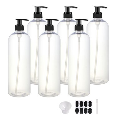6 Pack 32 oz Shampoo and Conditioner Dispenser Bottles with Pump for Conditioner, Soap, Lotions, 32 oz Empty Plastic Pump Bottle Dispenser with Labels Funnel, Chalk,Pen