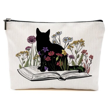 Cat Gifts for Women, Book Lovers Gifts Cat Makeup Bag, Cat Lover Gifts for Women Cat Owner Mom, Cat Mom Gifts Floral Cosmetic Bag, Book Gifts Toiletry Bag Christmas Thanksgiving Birthday Gifts