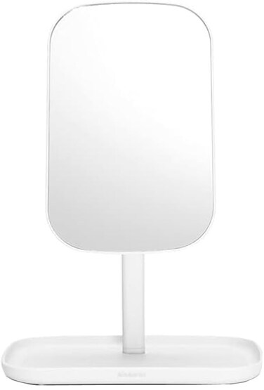 Brabantia Renew 360&deg; Adjustable Vanity Bathroom Mirror with Stand &amp; Storage Tray (White) Non-Slip Tray for Makeup, Jewellery, Shaving Accessories (8x8x11)