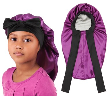 Kids Braid Long Bonnet Girls Satin Bonnet Sleeping Cap Double Layer with tie Band Silk Hair Bonnet for Toddler Child