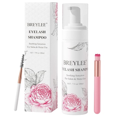 Eyelash Extension Cleanser, BREYLEEEyelash Extension Shampoo Eyelash Extension Foam &amp; Brushes Eyelid Cleanser for Makeup Remover Paraben &amp; Sulfate Free for Salon and Home Use(200ml, 7 fl oz)