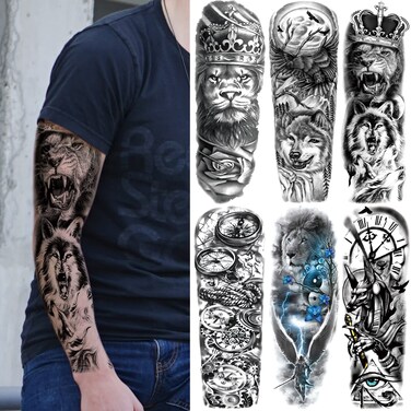 Wolf Lion Temporary Tattoo Sleeves, Full Arm Black Tribal Animal Fake Tattoos Sleeve For Men Women Adult, Large Long Lasting Compass Temp Tatoo Sticker Leg Body Art Makeup, 6-Sheet