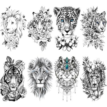 Animal Flower Temporary Tattoo For Women Half Sleeve, Large Realistic Tiger Lion Floral Fake Tattoo Adult Girl Thigh Chest, Black Leopard Pendant Temp Tatoo Sticker Arm Back Body Art Makeup, 8-Sheet