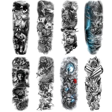 Military Tempoary Tattoo Sleeves For Men, Large Full Arm Warrior Soldier Patriotic Fake Tattoo Sleeves Adult Women, Waterproof Black Lion Gun Warrior Temp Tatoo Sticker Leg Body Art Makeup, 8-Sheet