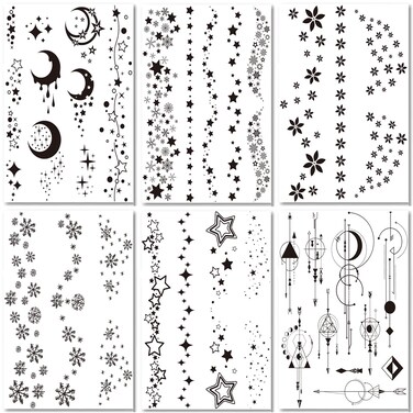 Star Flower Temporary Tattoo For Women, Realistic Black Large Moon Snowflake Fake Tattoo Stickers Adult Girl Arm Hand Leg, Line Temp Tatoo Back Waist Thigh Body Art Makeup, 6-Sheet