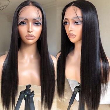 Straight Lace Front Wig Pre Plucked, Synthetic Lace Front Wig Pre Plucked Ready to Wear Glueless Wigs 13X5X1 HD Lace Front Wigs for Women 26inch, Natural Black 180 Density