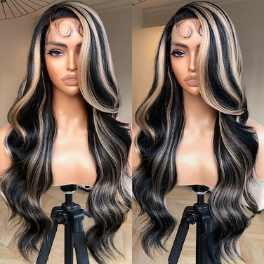 Body Wave Lace Front Wig, Synthetic Lace Front Wig Pre Plucked Glueless Wigs 13X5X1 HD Lace Front Wigs for Women Side Part Wig (24inch, Black Blonde Highlight)