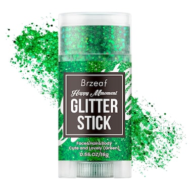 Brzeaf Waterproof Green Body Glitter Stick, Chunky Glitter for Face/Body/Hair/Eyes/Lip, Singer Concert Music Rave Festival, Glitter Stick Makeup &amp; Face Glitter Gel for Women Men 0.56 OZ