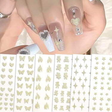6 Sheets Gold Nail Art Adhesive Stickers,3D Metallic Self-Adhesive Nail Decals Heart Butterfly Flame Star Glitter Nail Art Design for Acrylic Nails Supplies DIY Nail Decorations for Women Girls
