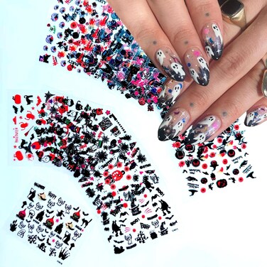 24Pcs/Set Small Halloween Nail Art Sticker,Halloween Nail Supplies 3D Self-Adhesive Scary Ghost Skull Clown Witch Cat Pumpkin Spider Web Nail Stickers with Design Cute Halloween Nail Decals for Women