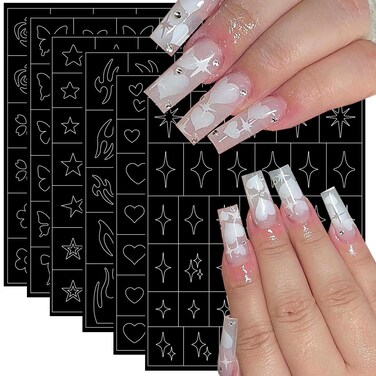 6Sheets Airbrush Nail Stencil Stickers - Stencils Nail Decals Star Butterfly Flower Heart Flame Love Pattern Hollow French Manicure Stickers Nail Design for Women Nail Tips Decoration DIY Accessories