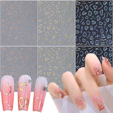 Heart Nail Art Stickers 3D Gold Stripe Lines Nail Decals Designer Nail Art Supplies Holographic Love Heart Sliders for Nails Swirls Cruved Wave Decal Manicure Tattoos Nail Sticker for Nails Art 6 Pcs