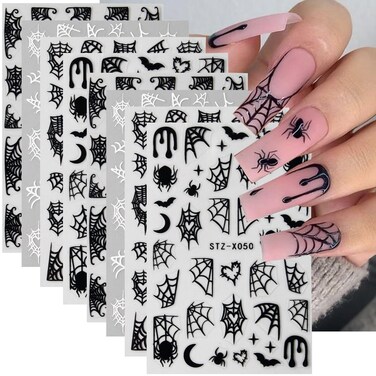 8Sheets Spider Web Nail Stickers Decals, Halloween Nail Stickers for Nail Art Black Stars Moon Flame Nail Design Halloween Nail Decals Halloween DIY Manicure Charms for Holiday Decoration Accessories