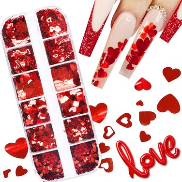 Heart Nail Art Glitters for Valentine Day Charms Nail Decorations Love Heart Nail Sequins Flakes,Holographic Red Heart Nail Stickers for Acrylic Nails Supplies Valentine Manicure Accessories 12 Grids