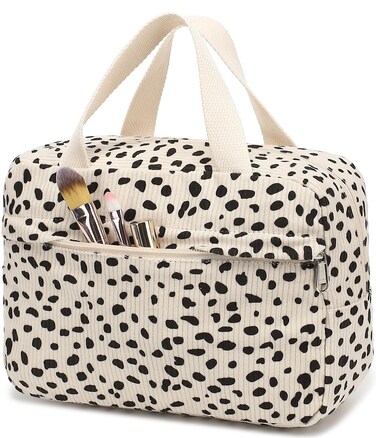 Makeup Bag for Women Girls Cute Corduroy Travel Cosmetic Tote Large Leopard Make Up Organizer Toiletry Bags Zipper Pouch Purse