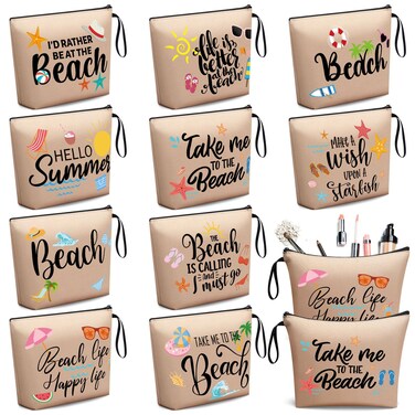 10 Pcs Beach Themed Cosmetic Bags Bulk Zipper Pouch Makeup Bag for Women Girls Sea Weekend Travel Vacation Trip Gifts Supplies Summer Party Favors Beach Accessories