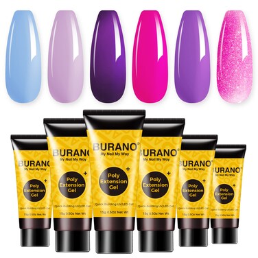 BURANO Poly Extension Gel Nail Kit, 6 Colors Nail Poly Nails Builder Gel Set for Beginner &amp; Professional Using, Poly Nail Gel Kits DIY Starter Kit Nail Art Gift (purple)