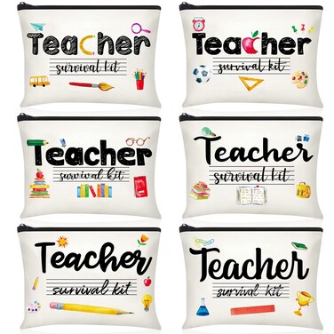 Buryeah 6 Pcs Teacher Appreciation Gifts Teacher Canvas Cosmetic Makeup Bags Toiletry Bag with Zipper for Travel Holiday Bulk(Classic)