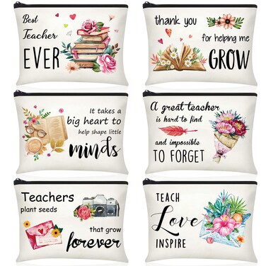 Buryeah 6 Pcs Teacher Appreciation Gifts Teacher Canvas Cosmetic Makeup Bags Toiletry Bag with Zipper for Travel Holiday Bulk(Retro)