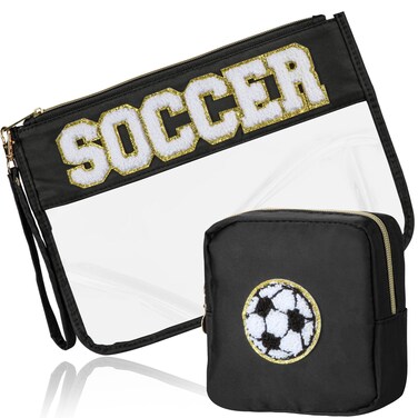 2 Pcs Soccer Gifts Makeup Bag with Chenille Letter Patch, Clear Cosmetic Pouch PVC Organizer Purse, Waterproof Travel Bag, Portable Toiletry Storage Bag for Her Girls Friends Women