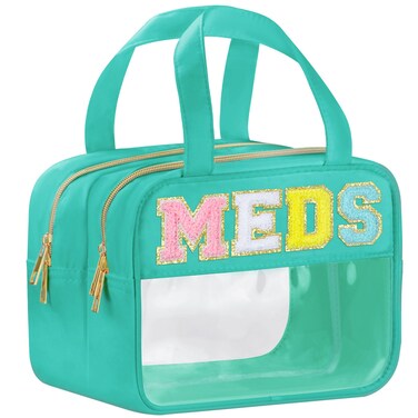 Chenille Letter Clear Medicine Bags, Clear Makeup Bag for Travel, Preppy Patch Nylon Cosmetic Meds Bag with Handles and Zipper, Waterproof Large Clear Travel Toiletry Bag Storage Bag for Women Green