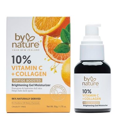 By Nature Gel Face Moisturizer - 10% Vitamin C + Collagen Peptide Brightening Moisturizer for Face and Neck - Energize and Hydrate Dull Skin + Fade Dark Spots - Dry Skin Face moisturizer Gel