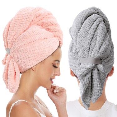 2 Pack Large Microfiber Hair Towel Wrap for Women, Anti Frizz Hair Drying Towels, Fast Dry Hair Turban - for Wet, Long, Thick, Curly Hair - Super Absorbent Soft Towels - Gray &amp; Pink