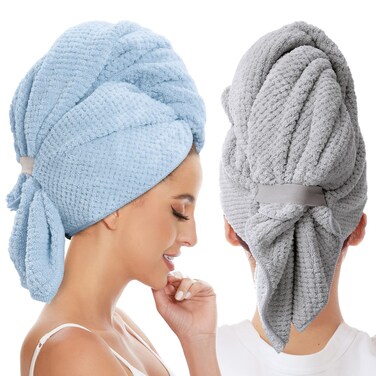 2 Pack Large Microfiber Hair Towel Wrap for Women, Anti Frizz Hair Drying Towel, Fast Dry Hair Turban for Wet Hair, Long, Thick, Curly Hair, Super Absorbent Soft Hair Towels (Blue &amp; Gray)