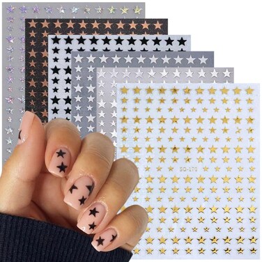 6 Sheets Star Nail Art Stickers Decals 3D Glitter Shiny Gold Silver White Black Stars Nail Stickers Geometry Star Decals Designs Charms for Women Nail Tips DIY Manicure Nail Art Decoration Supplies