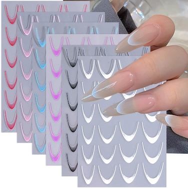 French Tip Nail Stickers for Nail Art, French Tip Nail Decals 3D Self-Adhesive French Nail Design Sticker Spring and Autumn Acrylic DIY Nail Charm Decoration for Women Girls Nail Accessories 6 Sheets